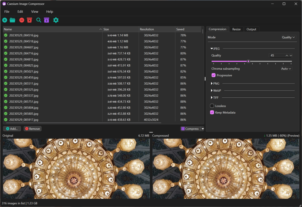 Caesium Image Compressor 批量图片压缩、预览和输出设置界面